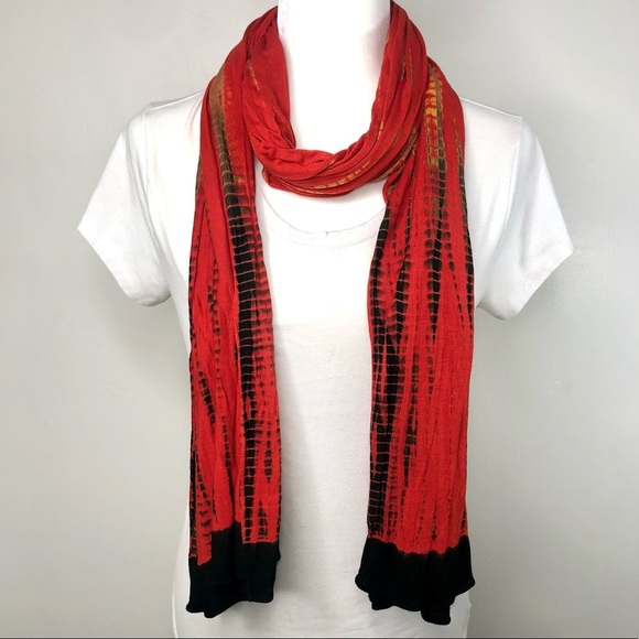 Tie-Dye Scarf Long Orange Yellow Black Fall Autumn 22.5 x 73 - Picture 5 of 9